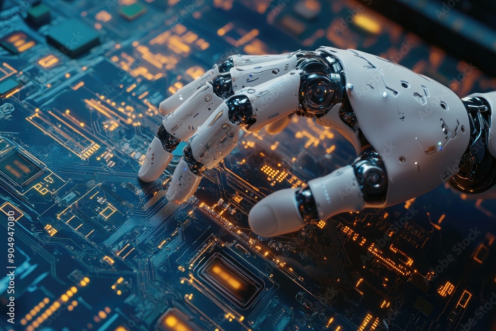 Fototapete robot hand working on motherboard analyzing data in futuristic environment