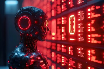 Futuristic robot analyzing data from digital interface in server room