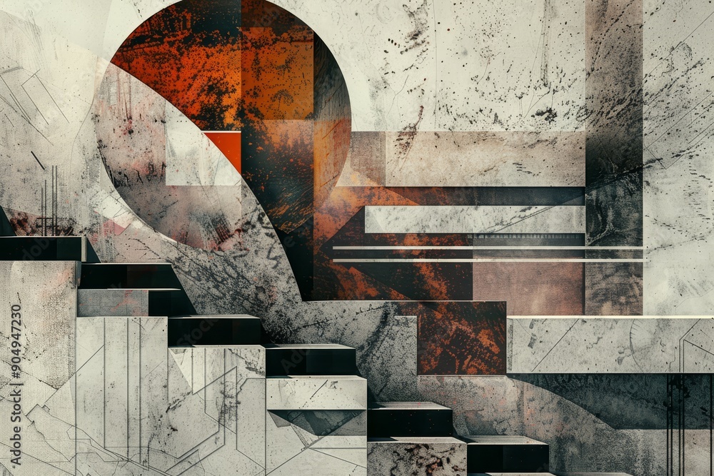 Poster geometric stairs intersect with a circular shape in an abstract painting, blending artistry with str