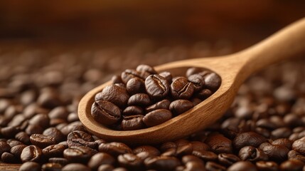 Fototapeta premium Wooden scoop overflowing with roasted coffee beans on burlap