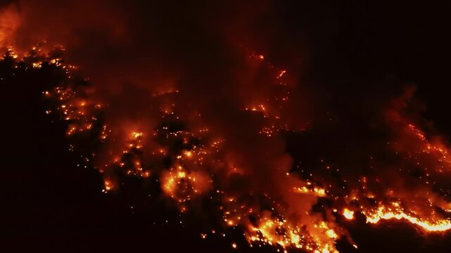 Aerial view of a raging and glowing wildfire spreading across woodlands, nighttime