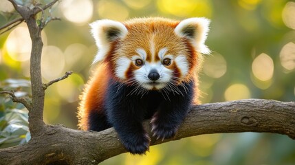 Obraz premium Adorable red panda cub relaxing on a branch