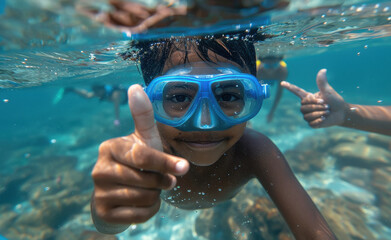 Naklejka premium happy indian boy showing thumbs up under water