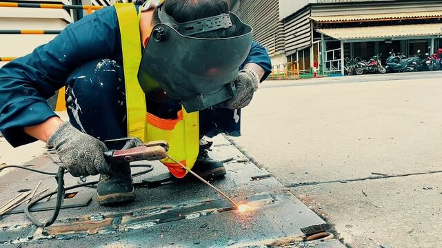 a construction worker welding metal beams