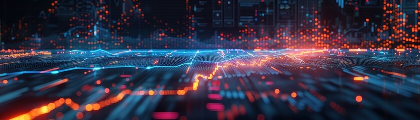 Futuristic Digital Landscape with Glowing Data Points and Network Connections