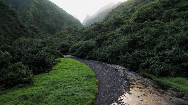 Teahupoo, Tahiti aerial drone through the river in the valley of mountain Orohena Aorai Ronui. French Polynesia 2024 Paris Olympics surfing spot. Paradise in Pacific Ocean. Moana Disney inspiration
