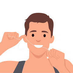 Young man brushes teeth with dental floss.