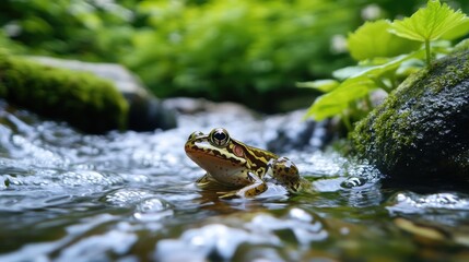 Green frog relaxing in clean water stream