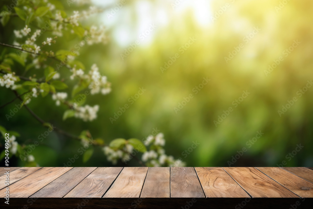 Poster empty wooden table for product display montages with spring blossom background