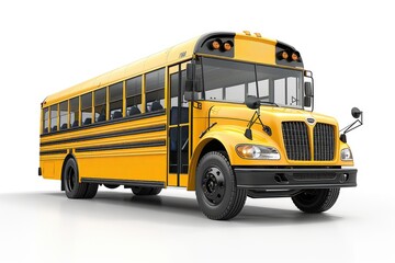 Front view of an American yellow school bus in 3D rendering on a white background.