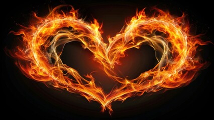 Fototapeta premium Two intertwined hearts made of fire, with the flames merging and dancing together, representing passionate love.