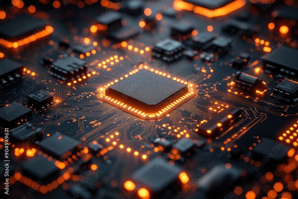 Fototapete Modern cpu processor illuminating with orange light on circuit board