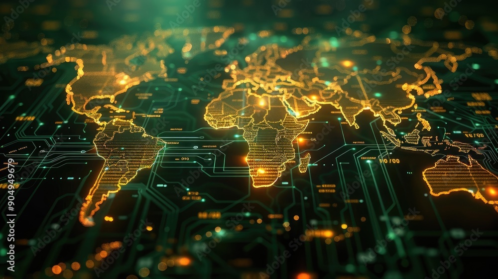 Poster global connection: world map forming on futuristic circuit board