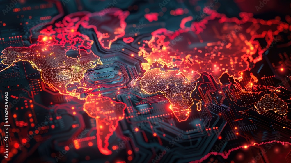 Poster World map forming on a circuit board representing global network and communication