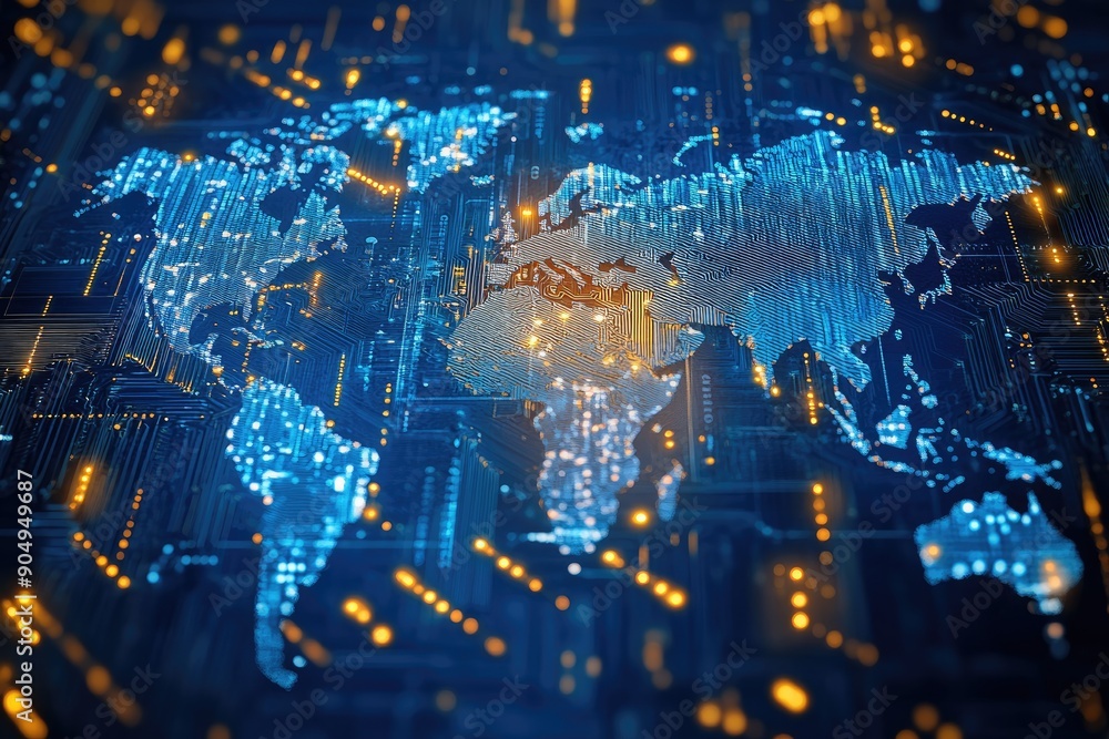 Poster world map circuit board showing global communication and technology