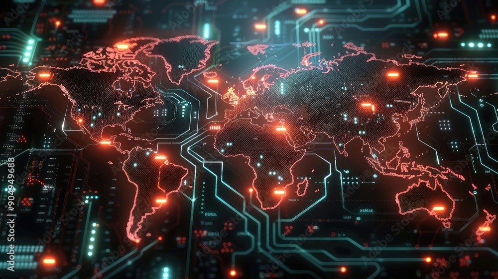 Leinwandbilder world map forming on a circuit board representing global network and communication