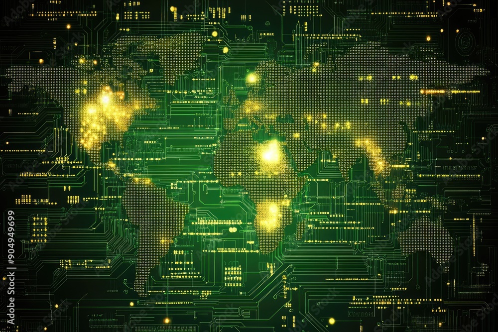 Poster world map digital tech circuit board background