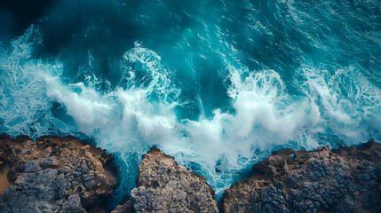 Obraz premium Aerial view of the ocean rocky shore.