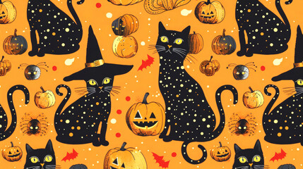 Halloween Style Black Cats Wallpaper Background Witch Hats Dark Orange Pumpkin Colorful Illustration Seamless Patterns 16:9
