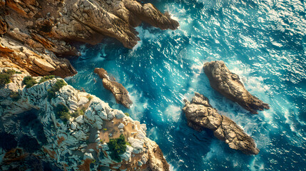Fototapeta premium Aerial view of the ocean rocky shore.