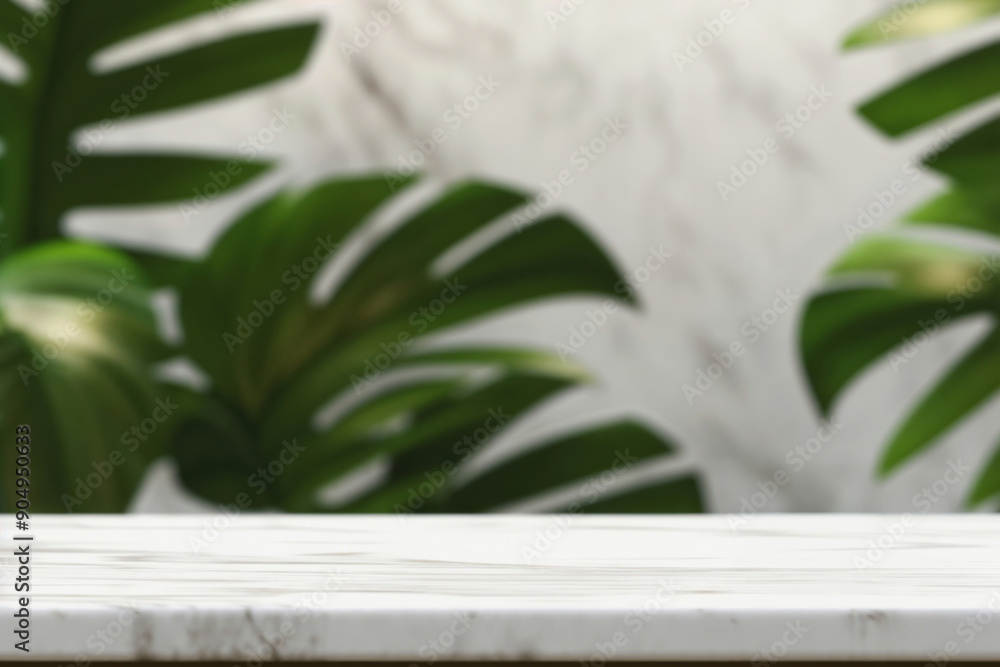 Poster empty white marble table top for displaying products with blurred monstera leaves in the background
