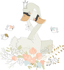Cute cartoon couple of swans hugging on flowers. Vector isolated illustration
