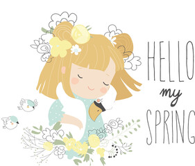 Cute girl hugging swan in blossom plants. Vector illustration
