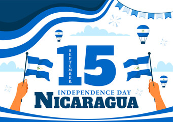 Nicaragua Independence Day Vector Illustration on September 15 with Waving Flag and Ribbon in a National Holiday Flat Style Cartoon Background