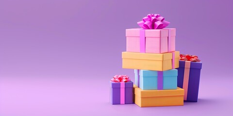 Stack of colorful gift boxes tied bright vivid colored bows. Joy, anticipation of receiving presents. Beautiful gift boxes heap on purple color. Gift box set in pile. Distinctive present boxes. Sale