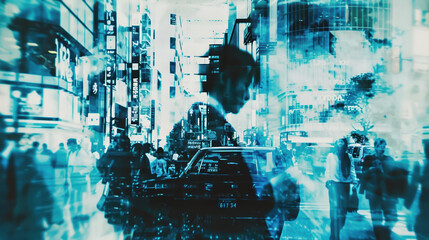 Graphic resource of a A blurry image of a man in a suit walking down a city street