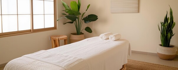 Massage therapy room with tranquil zen garden decor and calming, soothing music