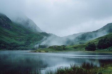 Majestic scottish countryside  hills and misty lake capture in stunning photography