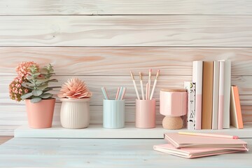 Back to school pastel background with stationery, kids supplies, alarm clock, green apple on table. Colorful paper, color pencils, stack of books. Copy space for text. Front view. Young student desk