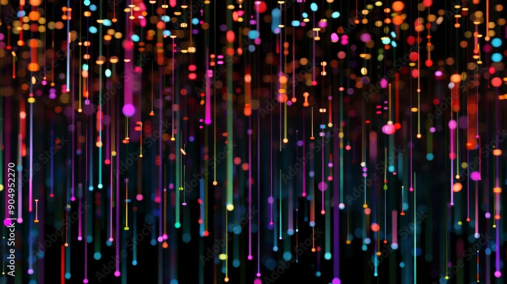 Poster vibrant light streaks and bokeh dots creating a dynamic and colorful abstract pattern against a blac
