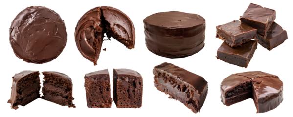 Chocolate fudge cake pastry dessert on transparent cutout, PNG file. Many assorted different angles, stack, broken, slice, pile. Mockup template for artwork design