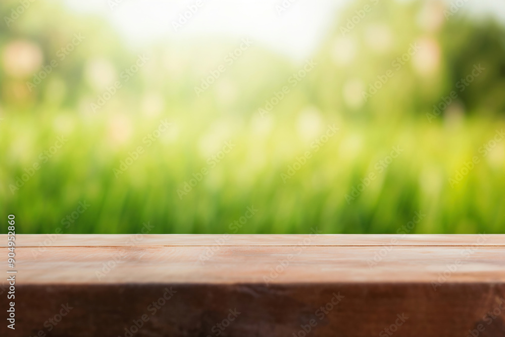 Poster empty wooden table top showing blurred green nature background for product display