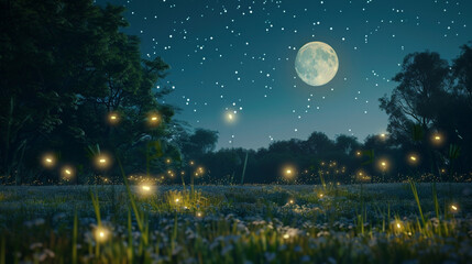 Naklejka premium the enchanting spectacle of fireflies in the moonlit meadow, their soft glow casting a spellbinding aura over the nighttime landscape.