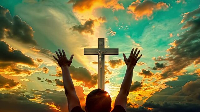 Human hands open palm up worship god with sunset like hope. Eucharist Therapy Bless God Helping Repent Catholic Easter Lent Mind Pray. Christian Religion concept background. Victory god. Pray hands 