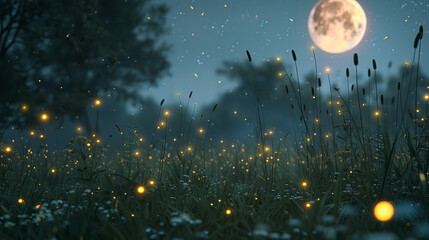 the ethereal charm of fireflies illuminating the moonlit meadow, their flickering lights creating a magical ambiance that enchants the night.