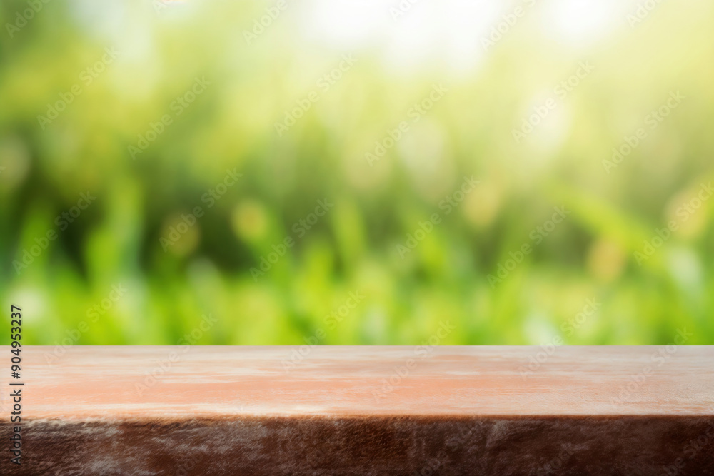 Poster empty wooden tabletop with space for product placement on blurred green nature background