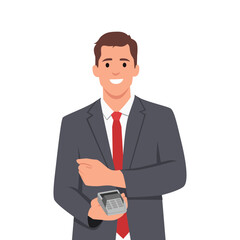 Young man holding payment terminal edc electronic card payment. Flat vector illustration isolated on white background