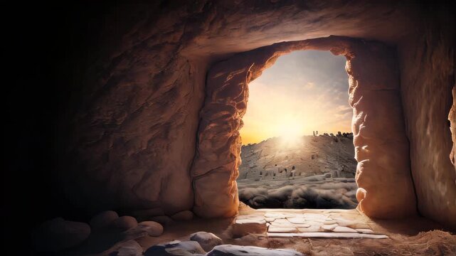 Empty tomb at sunrise. Concept of Easter