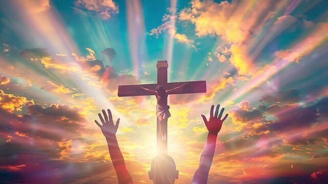 Human hands open palm up worship god with sunset like hope. Eucharist Therapy Bless God Helping Repent Catholic Easter Lent Mind Pray. Christian Religion concept background. Victory god. Pray hands 