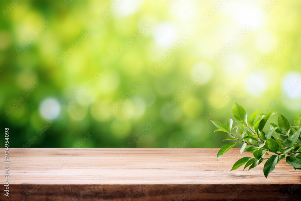 Aufkleber empty wooden table with a twig with green leaves on a blurred green nature background