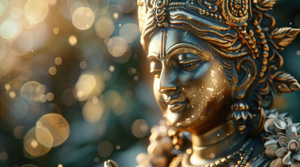 close up of golden statue of god krishna