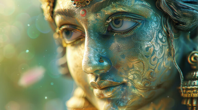 close up of golden statue of god krishna