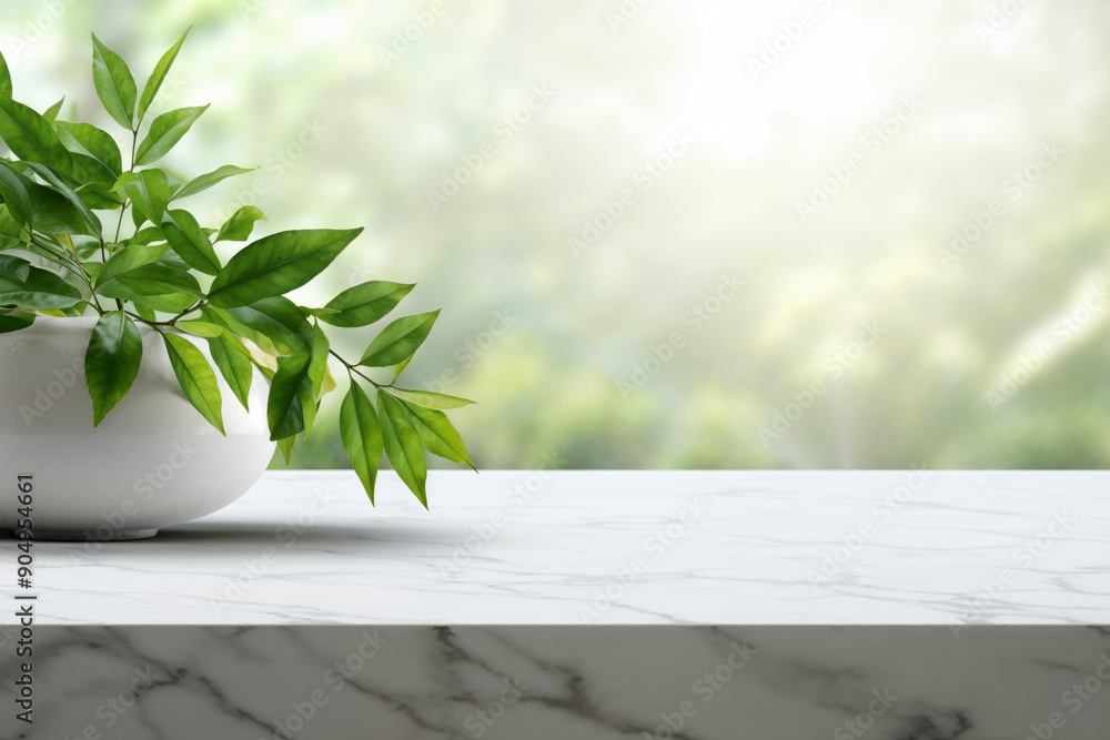 Poster empty marble tabletop with blurred green garden background for product display montage