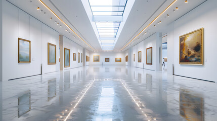 Obraz premium An art gallery with beautiful paintings displayed on minimalist white walls.