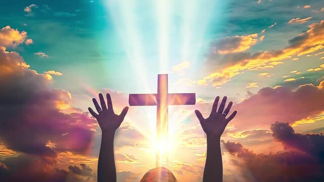 Human hands open palm up worship god with sunset like hope. Eucharist Therapy Bless God Helping Repent Catholic Easter Lent Mind Pray. Christian Religion concept background. Victory god. Pray hands 