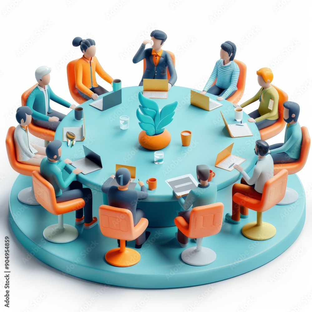 Aufkleber a 3d icon of a round table with team members seated and engaged in a discussion, representing teamwo